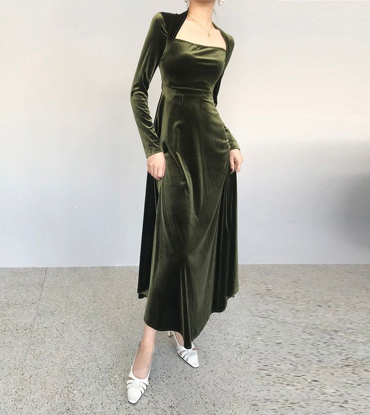 Long Sleeves Green Velvet Prom Dress A Line Evening Party Dress 2436