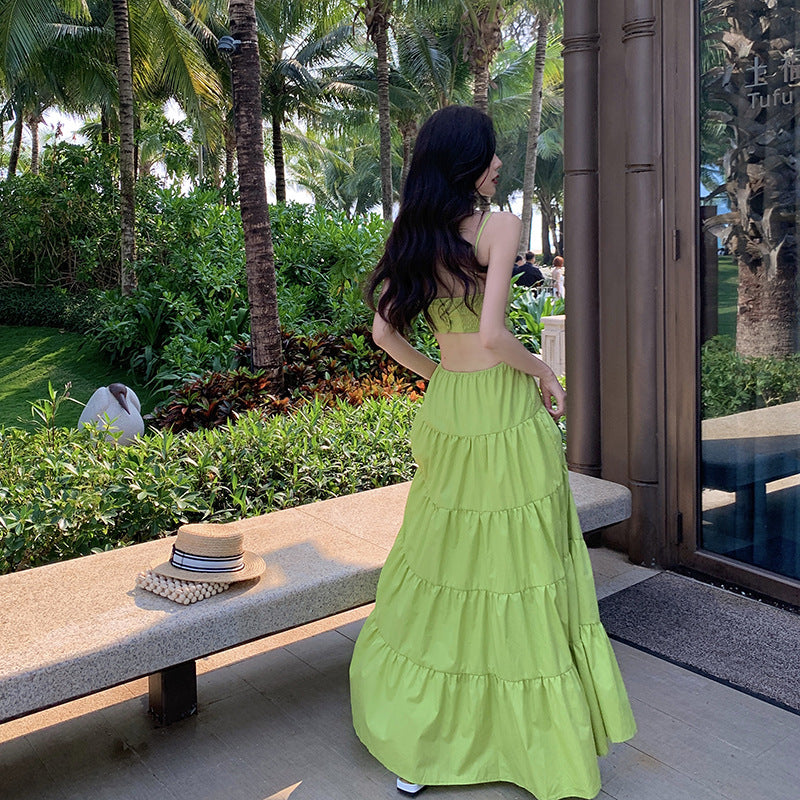 Green Spaghetti Strap Long Dress Layer Summer Dress 413
