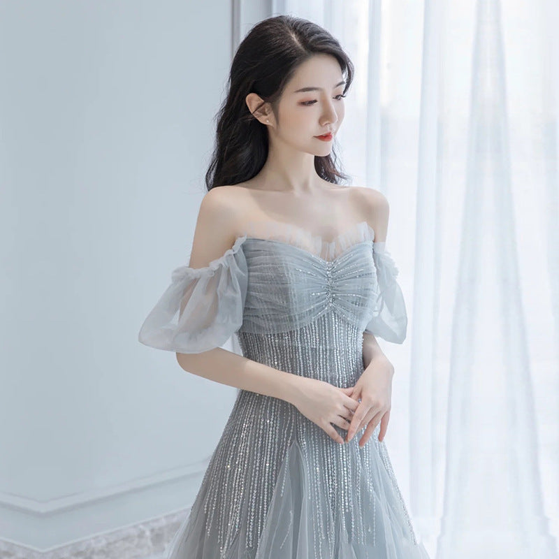 Off Shoulder Silver Gray Tulle Prom Dress A Line Evening Formal Dress 602