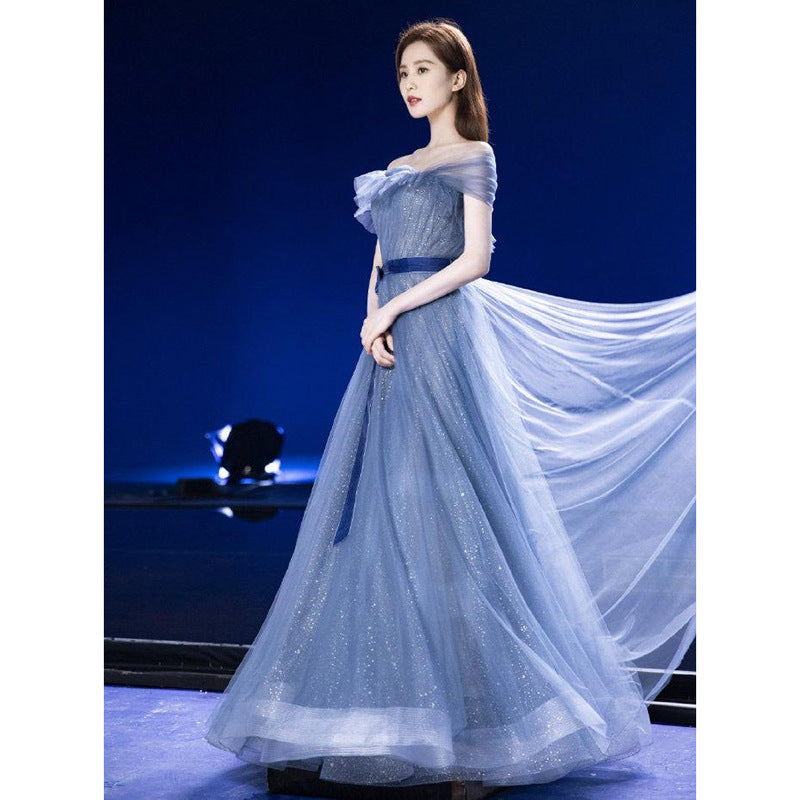 Off Shoulder Blue Long Prom Dress A Line Evening Formal Dress 200 - JulyProm