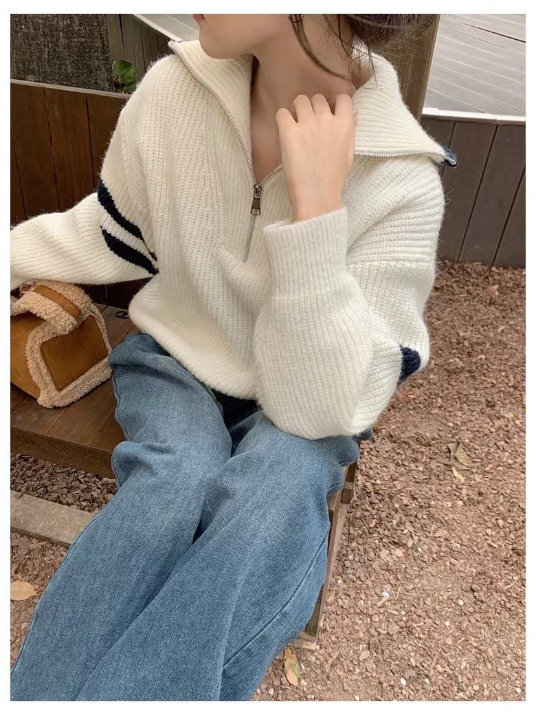 Autumn and Winter POLO Lapel Half-zip Sweater Lazy Style Sweater Pullover 1951
