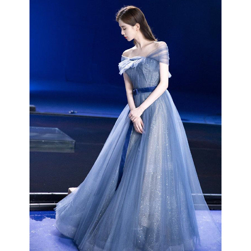Off Shoulder Blue Long Prom Dress A Line Evening Formal Dress 200 - JulyProm