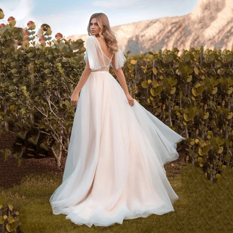 Deep V Lace Long Prom Dress Mid Sleeves Beach Wedding Dress 160 - JulyProm