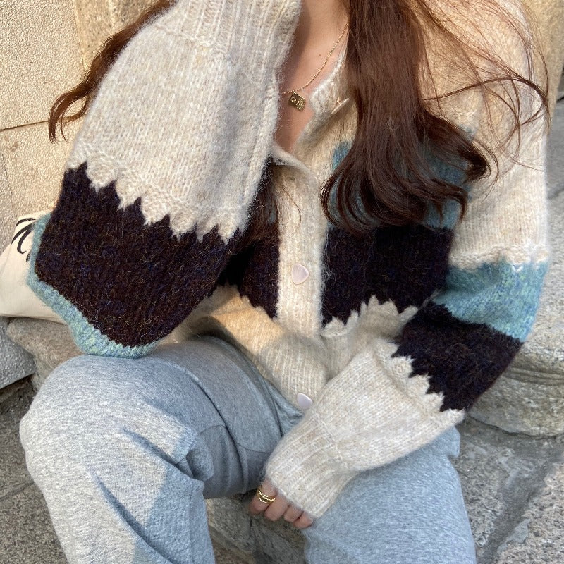 Colorblock Cardigan Sweater Autumn and Winter Long-sleeved Round Neck Sweater Jacket 1738