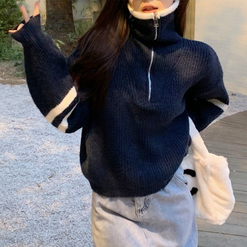 Autumn and Winter POLO Lapel Half-zip Sweater Lazy Style Sweater Pullover 1951