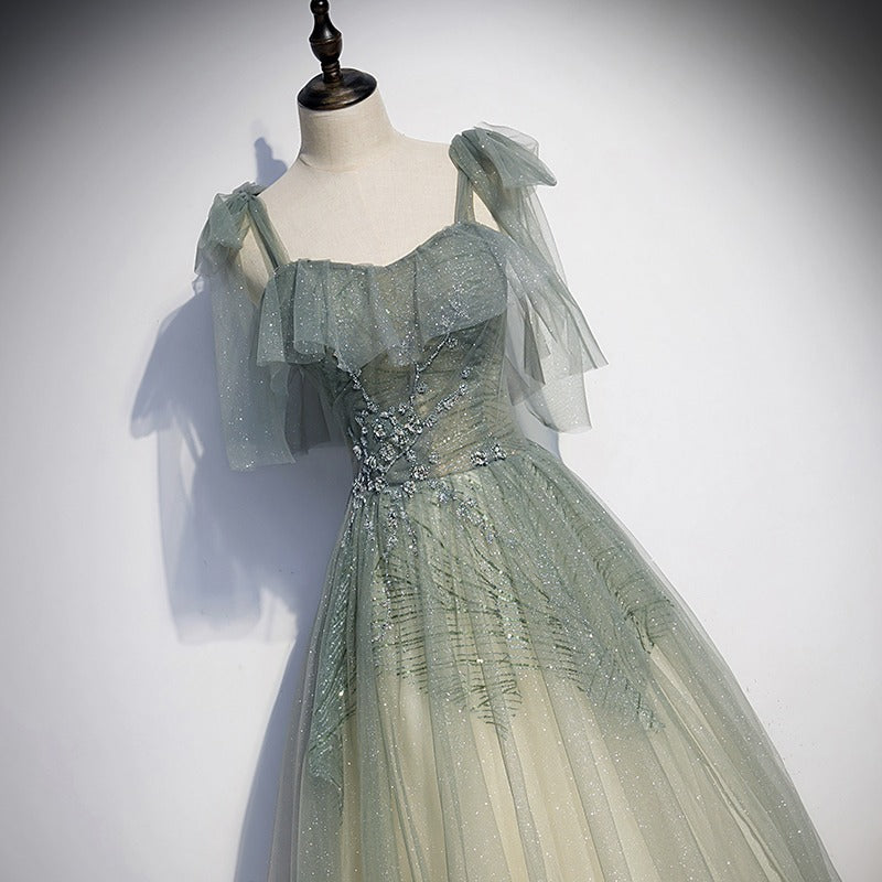 A Line Tulle Long Prom Dress Shiny Formal Evening Dress Party Gown 315