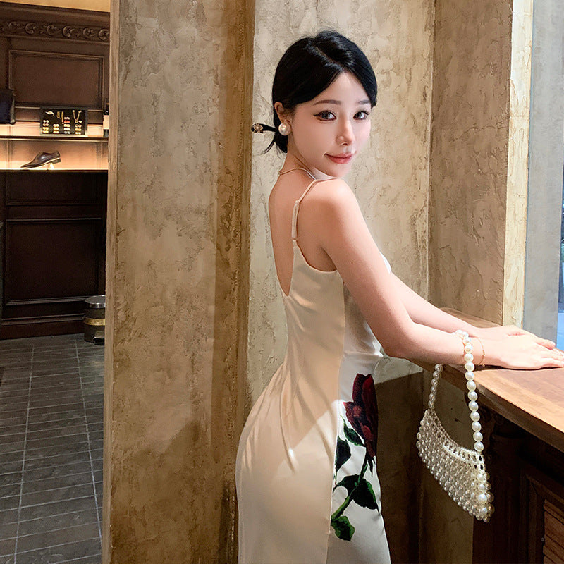 Summer Sexy Spaghetti Strap Dress Slim Retro Floral Mermaid Dress 805