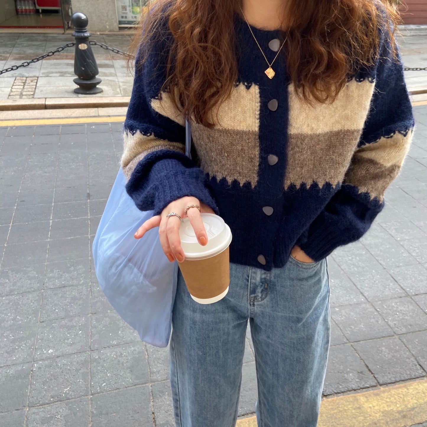 Colorblock Cardigan Sweater Autumn and Winter Long-sleeved Round Neck Sweater Jacket 1738