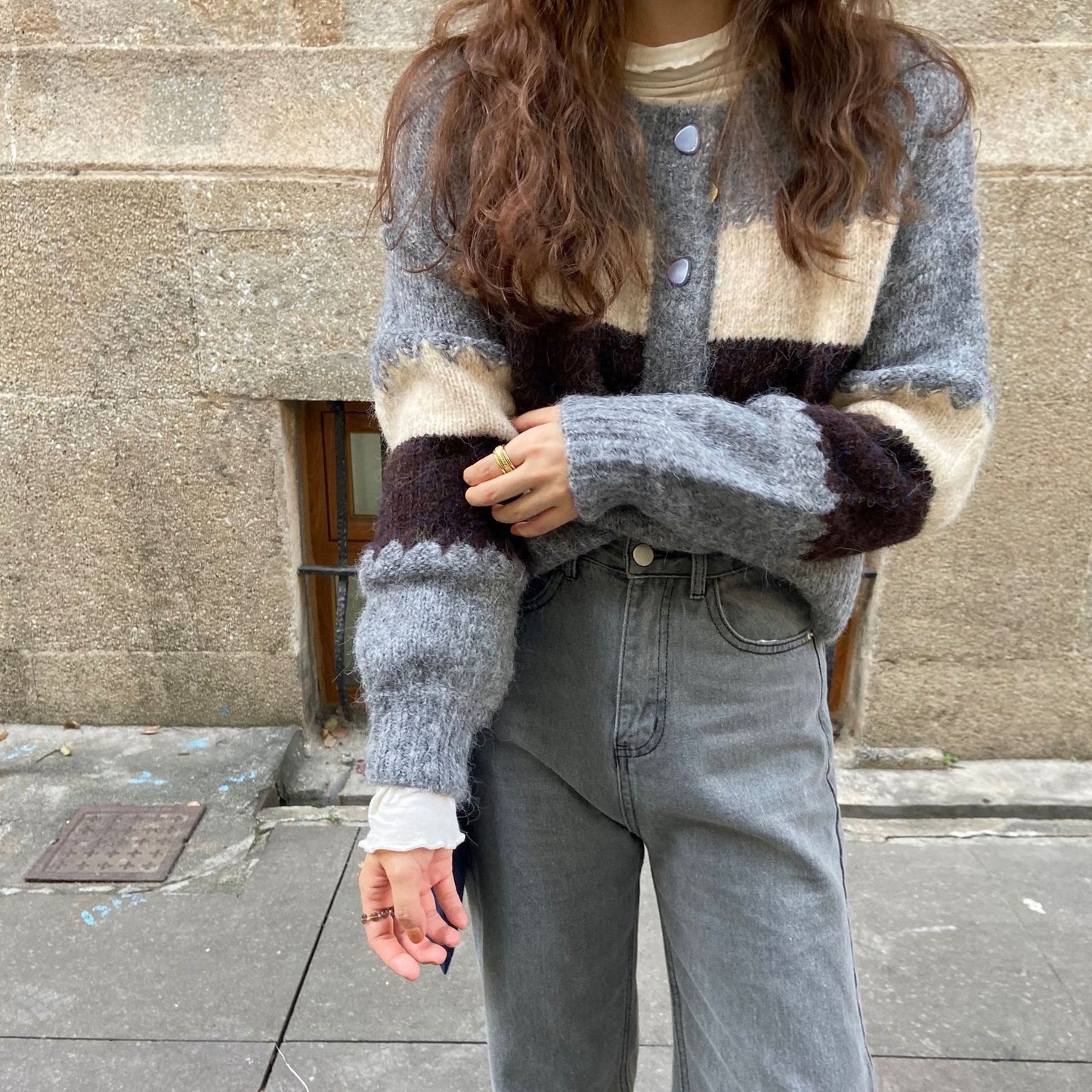 Colorblock Cardigan Sweater Autumn and Winter Long-sleeved Round Neck Sweater Jacket 1738