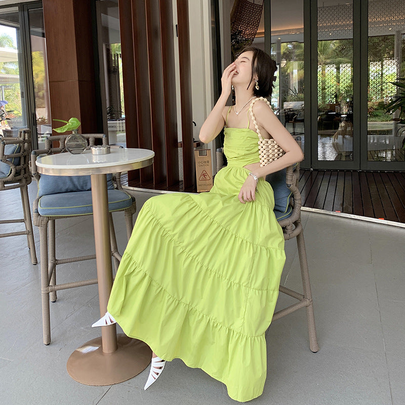 Green Spaghetti Strap Long Dress Layer Summer Dress 413