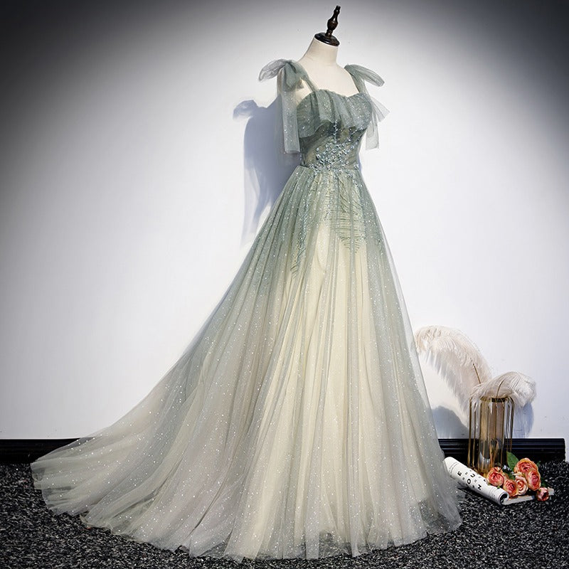 A Line Tulle Long Prom Dress Shiny Formal Evening Dress Party Gown 315