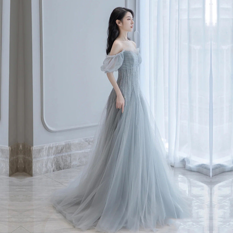 Off Shoulder Silver Gray Tulle Prom Dress A Line Evening Formal Dress 602