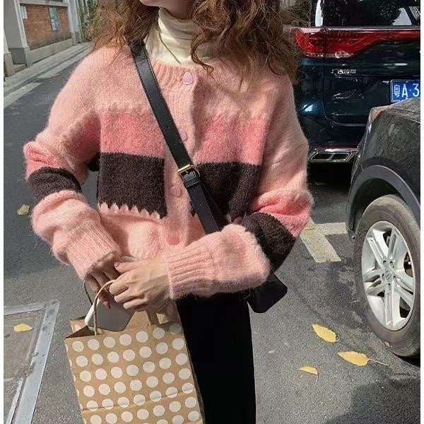 Colorblock Cardigan Sweater Autumn and Winter Long-sleeved Round Neck Sweater Jacket 1738