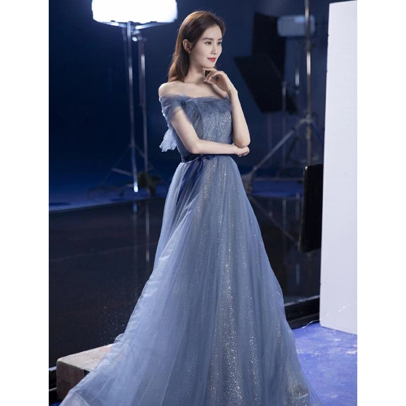 Off Shoulder Blue Long Prom Dress A Line Evening Formal Dress 200 - JulyProm