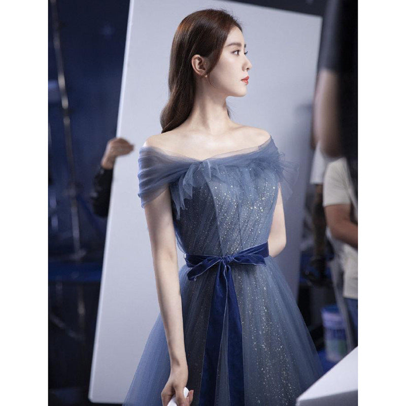 Off Shoulder Blue Long Prom Dress A Line Evening Formal Dress 200 - JulyProm