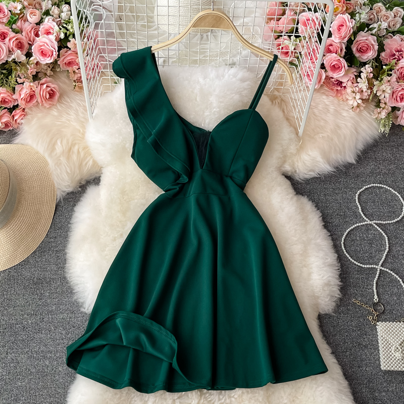 Summer Slanted Collar Dress Tutu Skirt Short Dress 1341