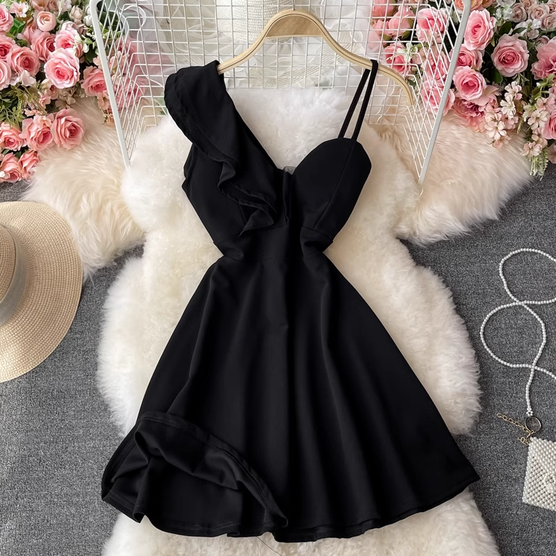 Summer Slanted Collar Dress Tutu Skirt Short Dress 1341