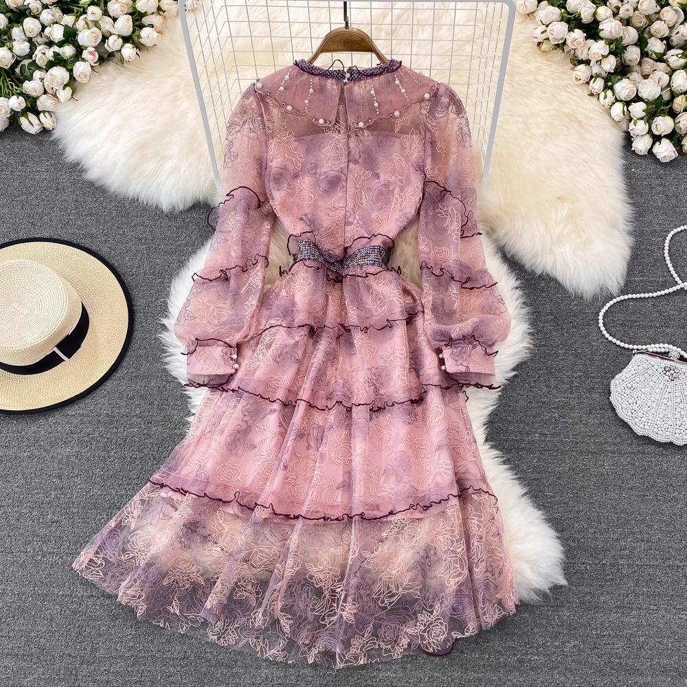 Spring Fairy Mid-length Round Neck Dress Beaded Lace Fall Dress 1768