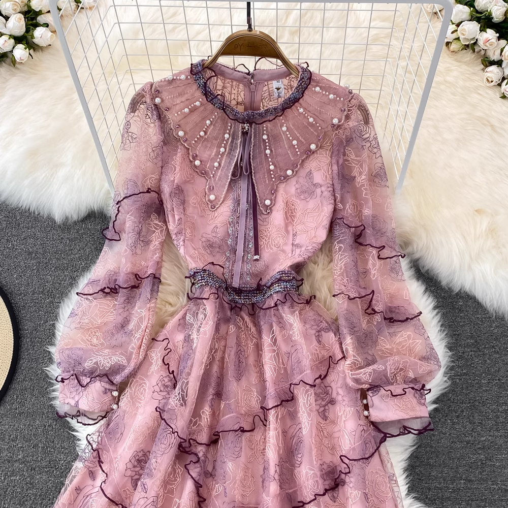 Spring Fairy Mid-length Round Neck Dress Beaded Lace Fall Dress 1768