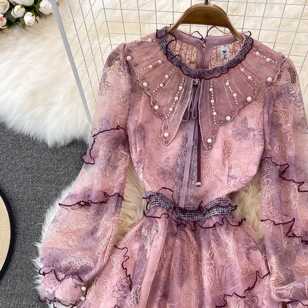 Spring Fairy Mid-length Round Neck Dress Beaded Lace Fall Dress 1768