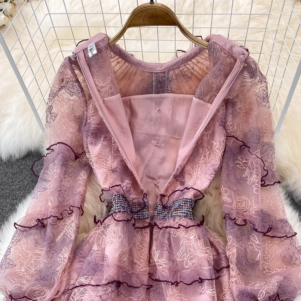 Spring Fairy Mid-length Round Neck Dress Beaded Lace Fall Dress 1768