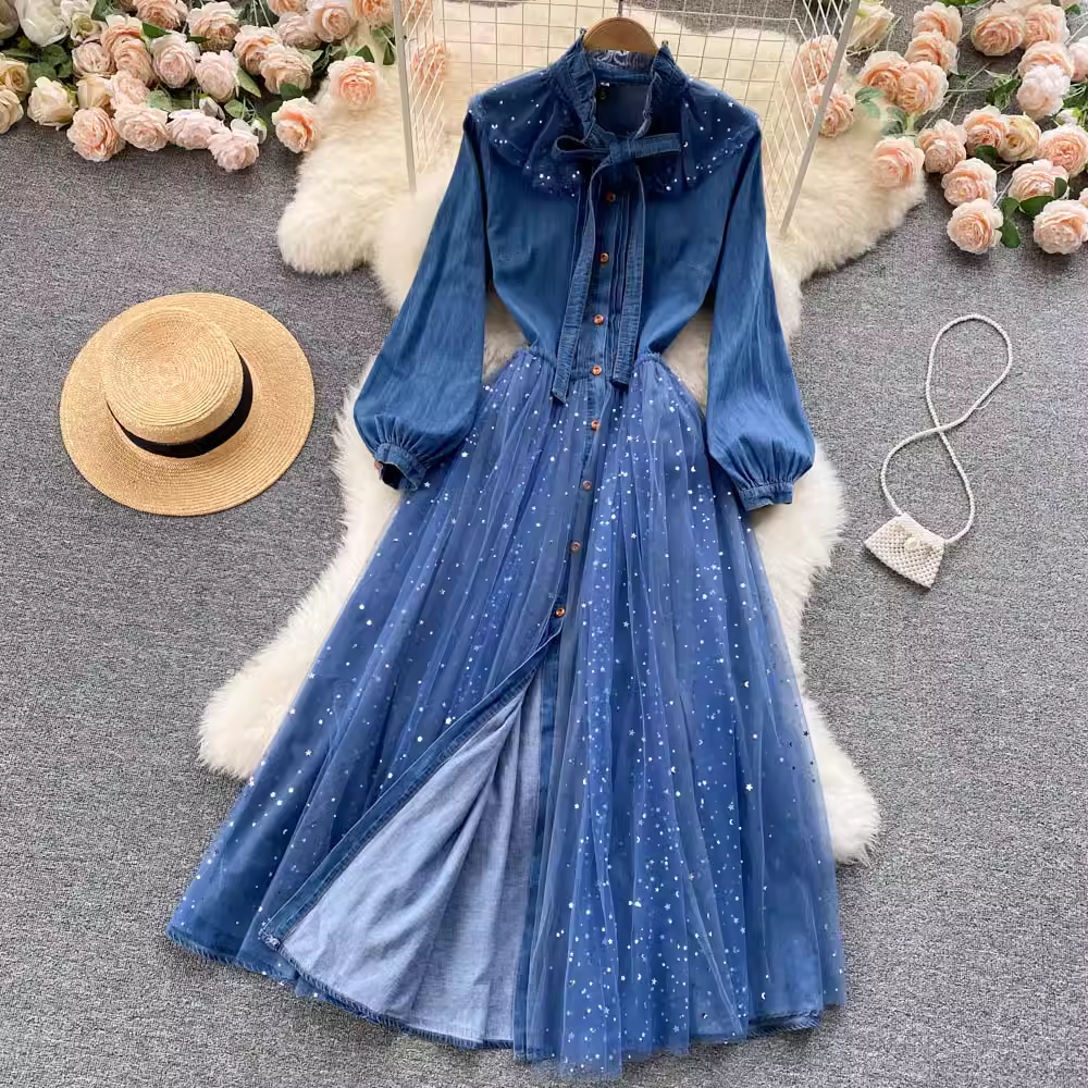 Autumn and Winter Ruffled Elegant Mesh Long Skirt Spliced Denim Skirt 1811