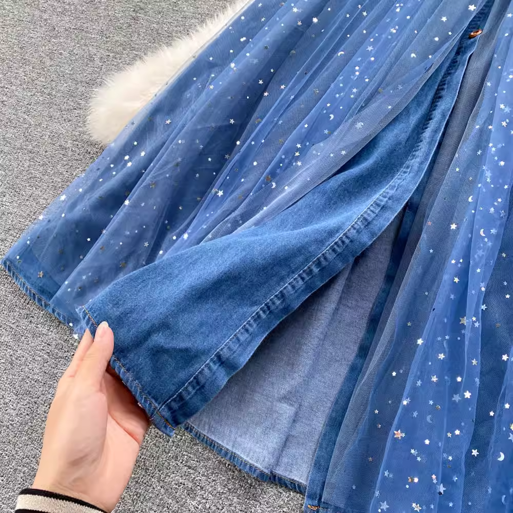Autumn and Winter Ruffled Elegant Mesh Long Skirt Spliced Denim Skirt 1811