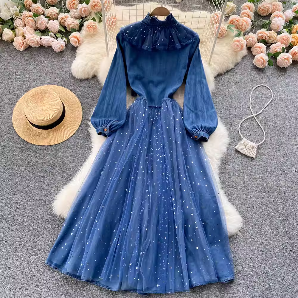 Autumn and Winter Ruffled Elegant Mesh Long Skirt Spliced Denim Skirt 1811