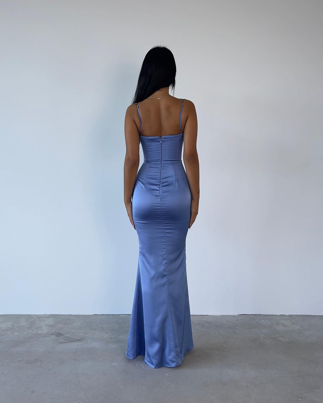 Spaghetti Straps Sheath Blue Satin Mermaid Long Prom Dress J3422