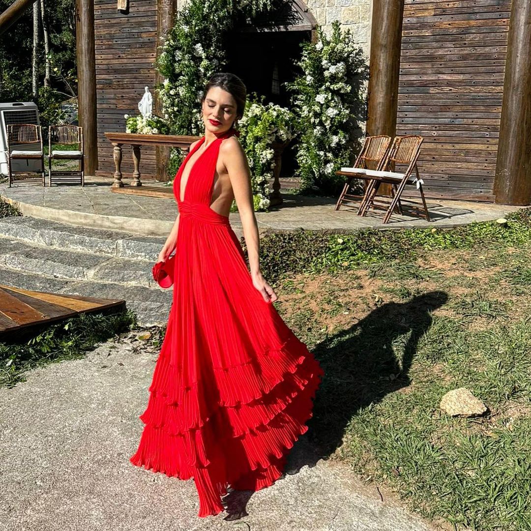 A Line Deep V Neck Pleats Long Prom Dress Red Formal Party Dress J3430