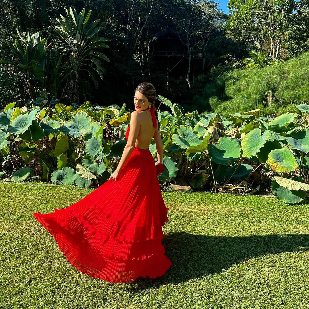 A Line Deep V Neck Pleats Long Prom Dress Red Formal Party Dress J3430