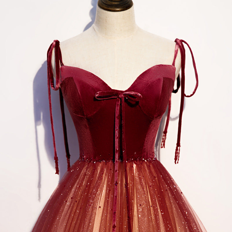 Gradient Burgundy Tulle Prom Dress Long Formal Evening Gown 300