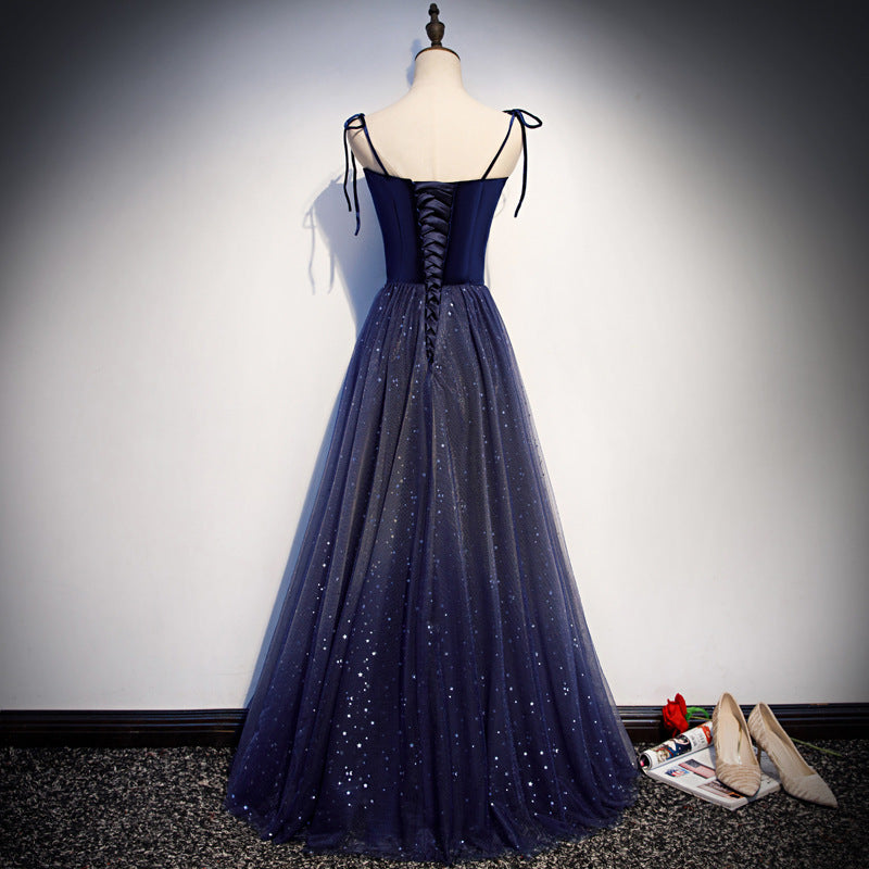 Spaghetti Strap A Line Long Prom Dress Navy Shiny Evening Formal Dress 632