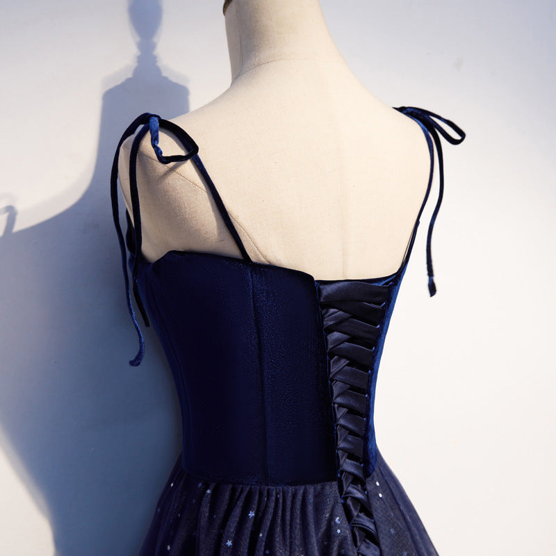 Spaghetti Strap A Line Long Prom Dress Navy Shiny Evening Formal Dress 632