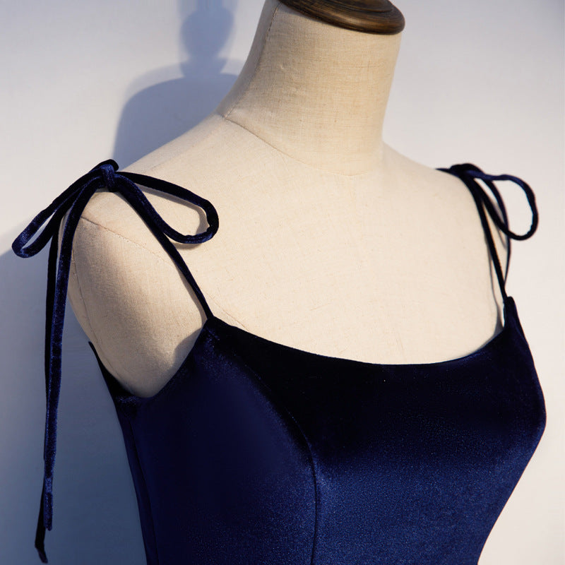 Spaghetti Strap A Line Long Prom Dress Navy Shiny Evening Formal Dress 632