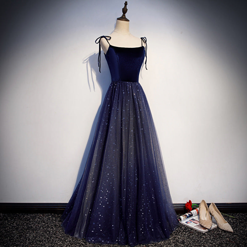 Spaghetti Strap A Line Long Prom Dress Navy Shiny Evening Formal Dress 632