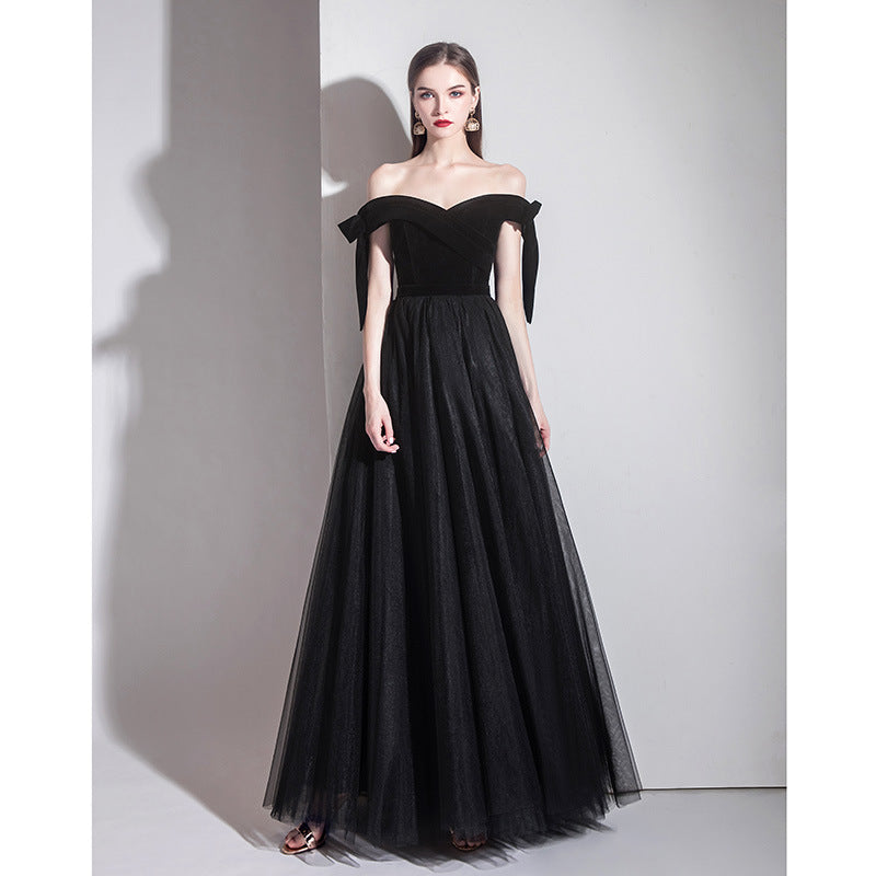 Off Shoulder Tulle Long Prom Dress Black Formal Evening Dress 499