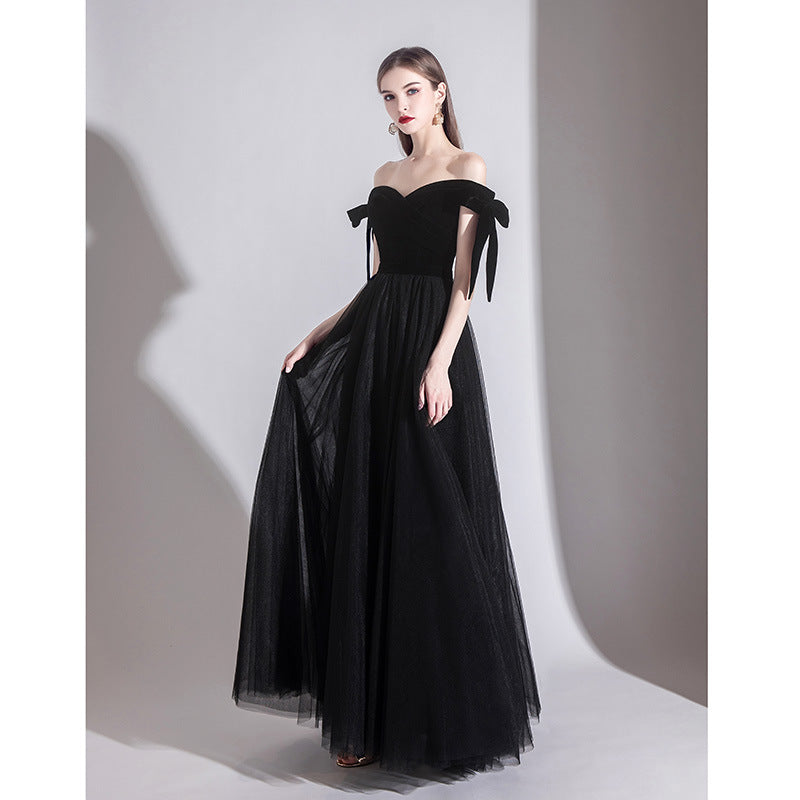 Off Shoulder Tulle Long Prom Dress Black Formal Evening Dress 499