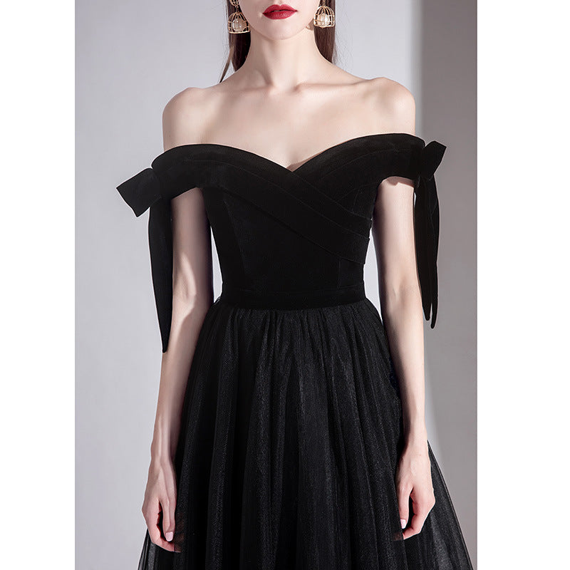 Off Shoulder Tulle Long Prom Dress Black Formal Evening Dress 499