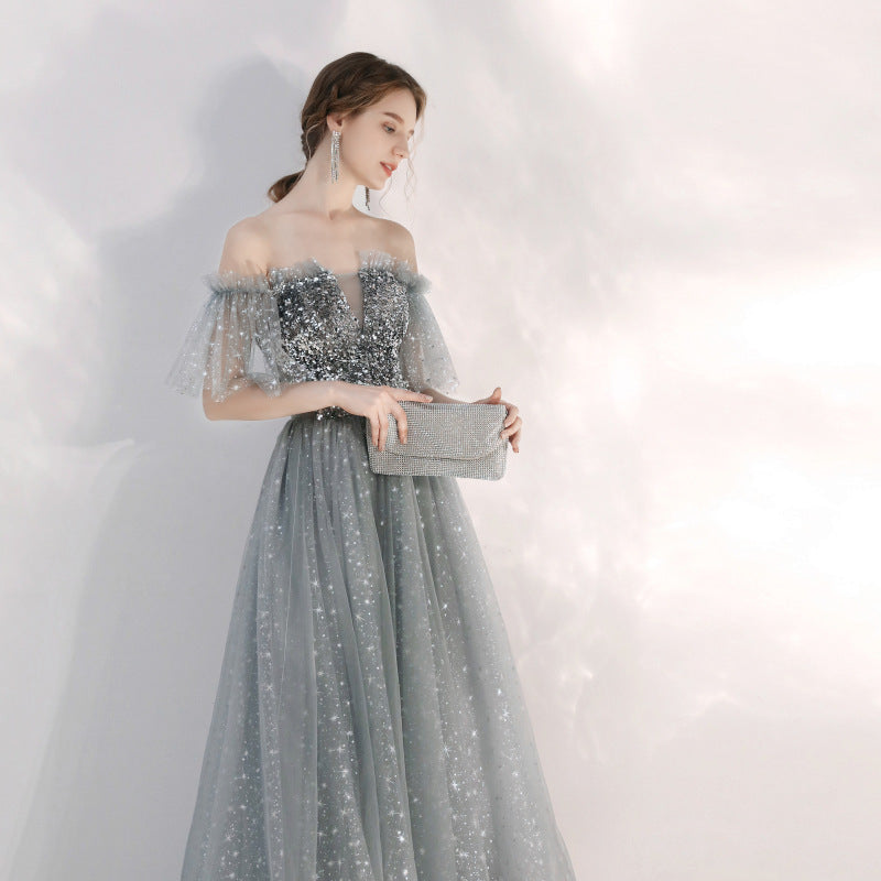 Off Shoulder Shiny Tulle Prom Dress A Line Long Formal Party Dress 674