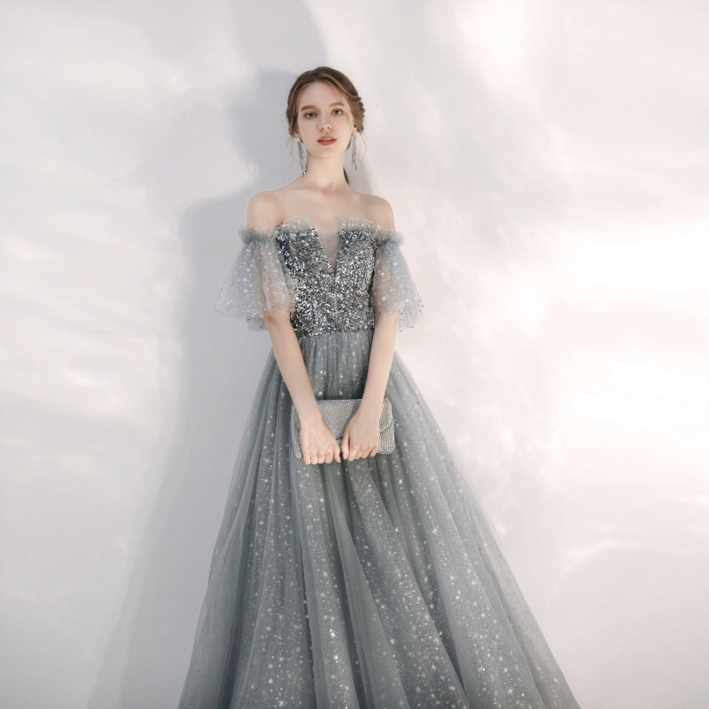 Off Shoulder Shiny Tulle Prom Dress A Line Long Formal Party Dress 674