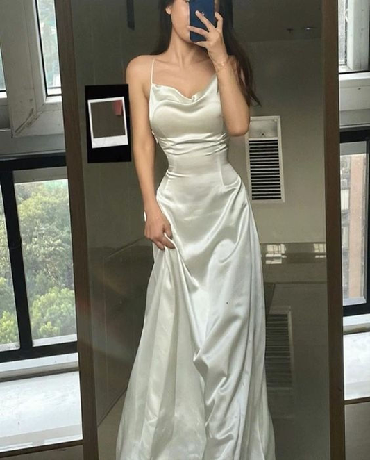 Spaghetti Straps White A Line Satin Long Prom Dresses 2475
