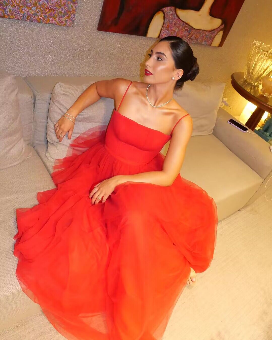Spaghetti Straps A Line Red Tulle Prom Dresses J2754