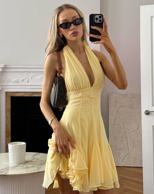 Halter A Line Yellow Homecoming Dress V Neck Ruffle Short Party Dress J7502
