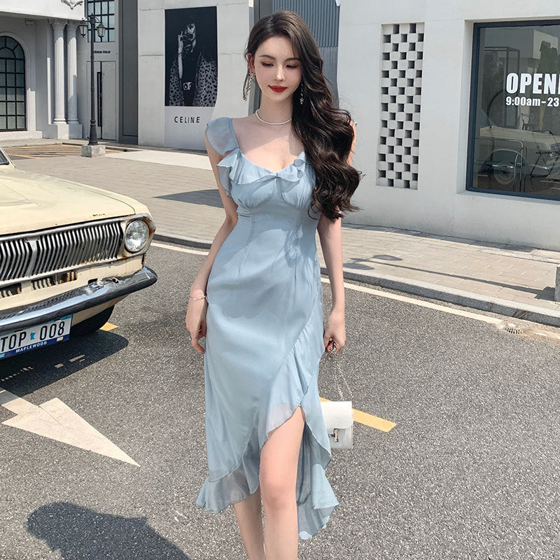 Sheath French Gentle Dress Blue Spaghetti Strap Dress Women Summer  424