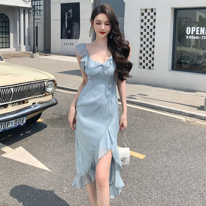 Sheath French Gentle Dress Blue Spaghetti Strap Dress Women Summer  424