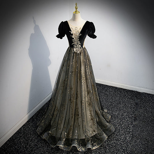 Black A Line Long Prom Dress Sequins Velvet Tulle Evening Formal Gown 645
