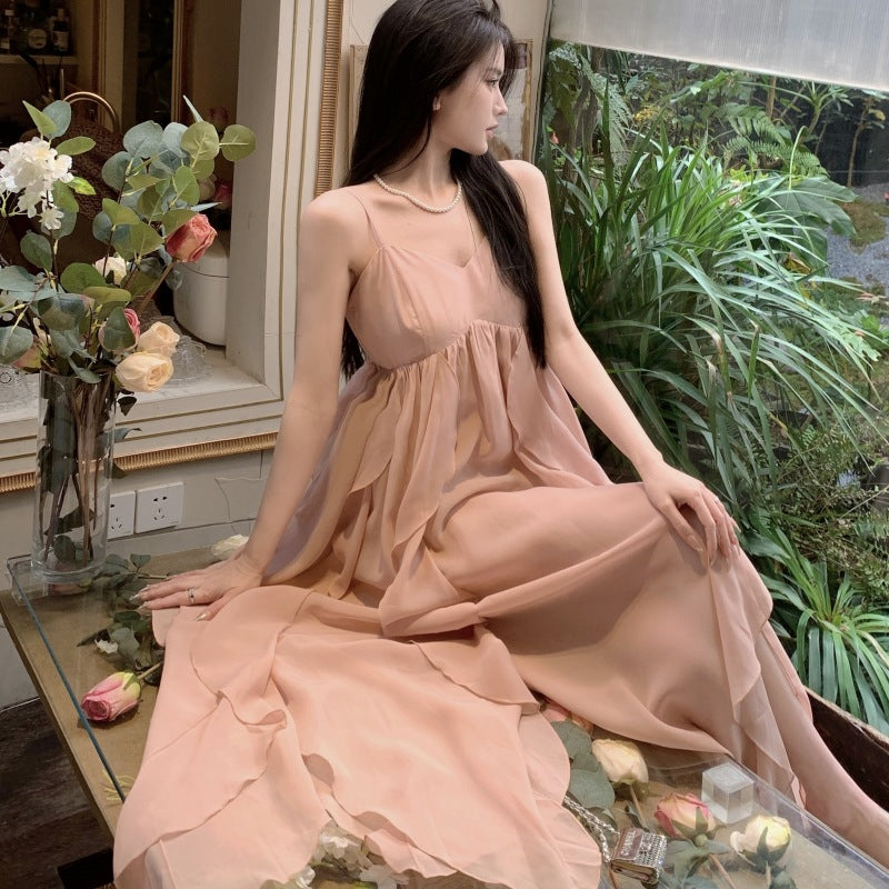 Summer New French Spaghetti Strap Dress Chiffon Pink Fairy Dress 797