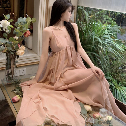 Summer New French Spaghetti Strap Dress Chiffon Pink Fairy Dress 797