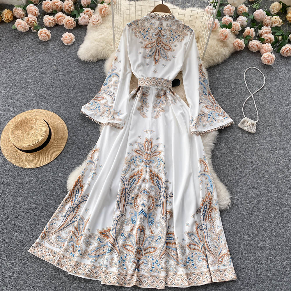 Retro Printed Dress Women's Court Style Big Swing Over-the-knee Long Skirt 242 - JulyProm